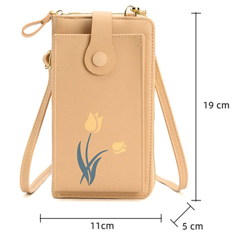 Printed Single Shoulder Crossbody Bag Ladies Long Flower Cell Phone Bag(Apricot)