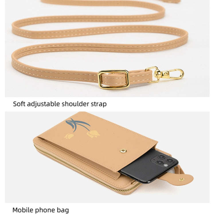 Printed Single Shoulder Crossbody Bag Ladies Long Flower Cell Phone Bag(Apricot)