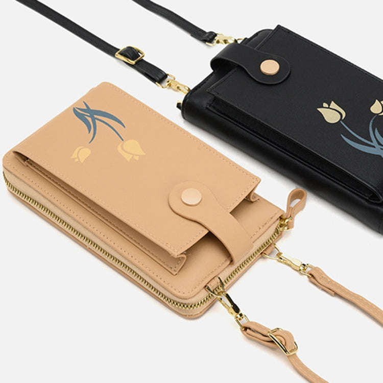 Printed Single Shoulder Crossbody Bag Ladies Long Flower Cell Phone Bag(Apricot)