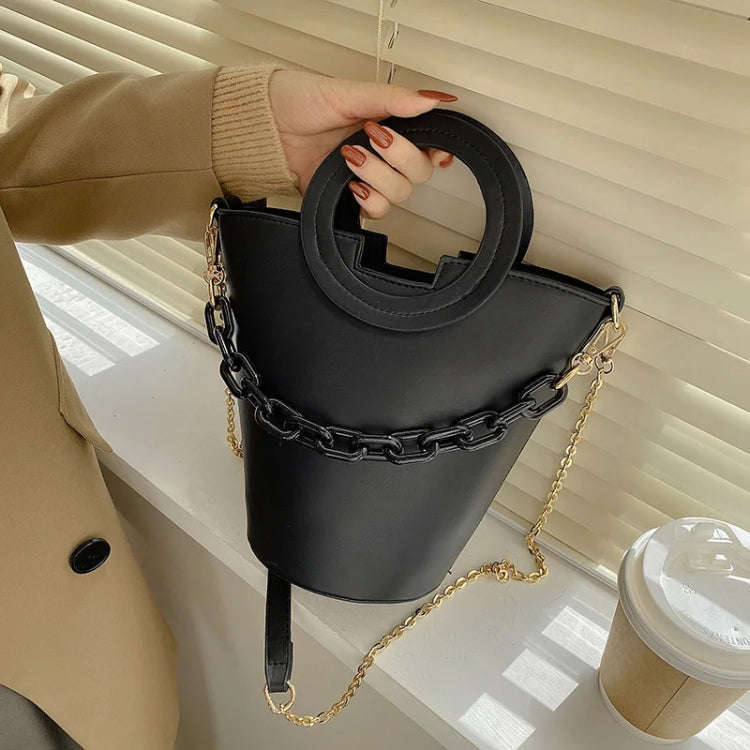 Women Casual Bucket Handbag Round Chain Shoulder Crossbody Bag(Black)