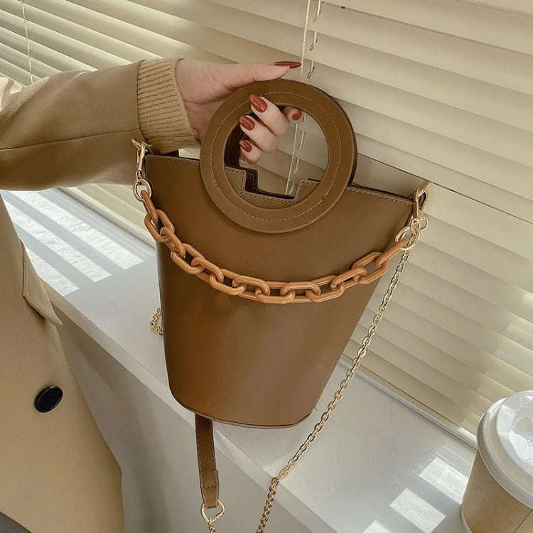 Women Casual Bucket Handbag Round Chain Shoulder Crossbody Bag(Brown)