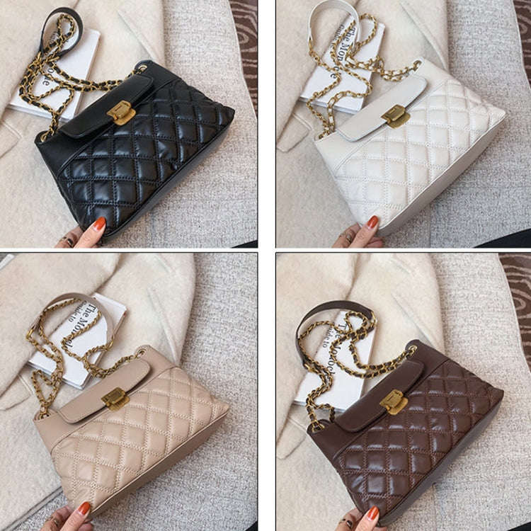 Rhombic Lattice Chain Women Bag Small Fragrant Style Versatile Crossbody Single Shoulder Bag(White)