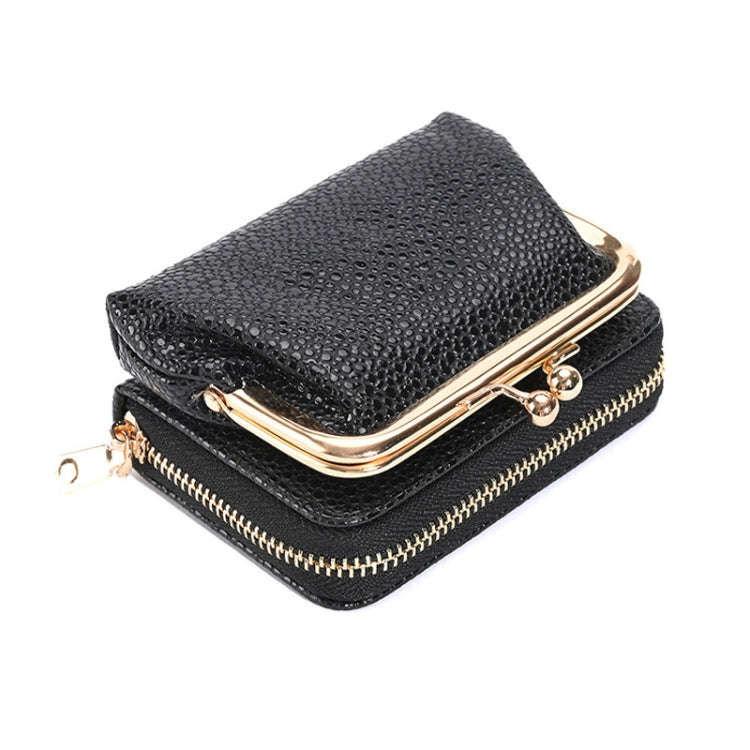 Lychee Pattern Coin Purse Card Clip Ladies Short Metal Clip Buckle Wallet(Black)