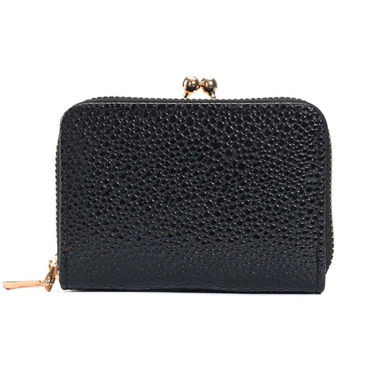 Lychee Pattern Coin Purse Card Clip Ladies Short Metal Clip Buckle Wallet(Black)