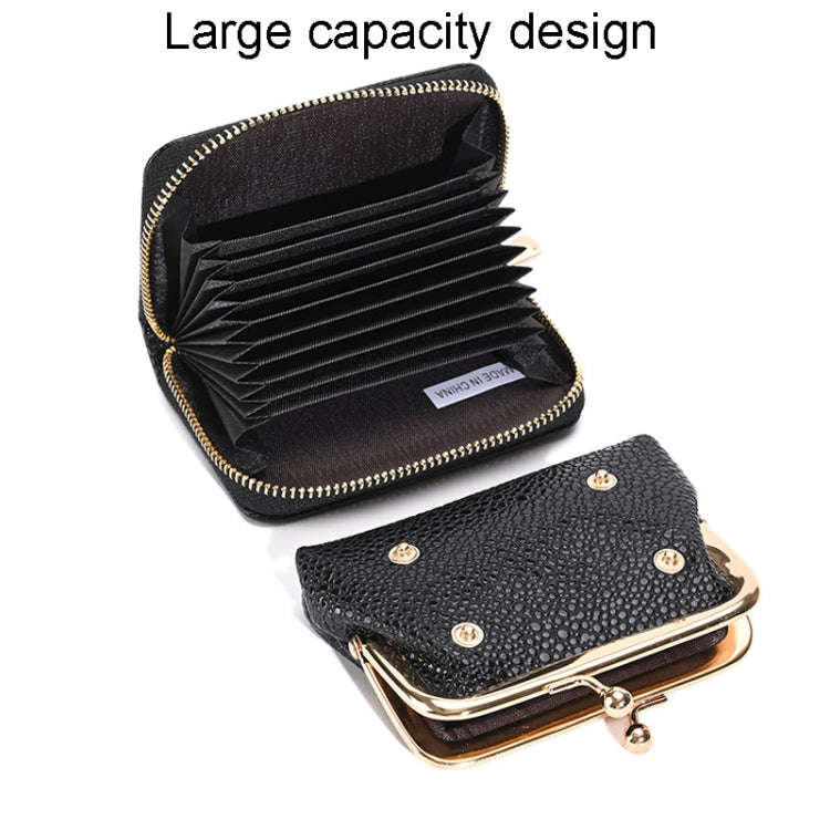 Lychee Pattern Coin Purse Card Clip Ladies Short Metal Clip Buckle Wallet(Black)