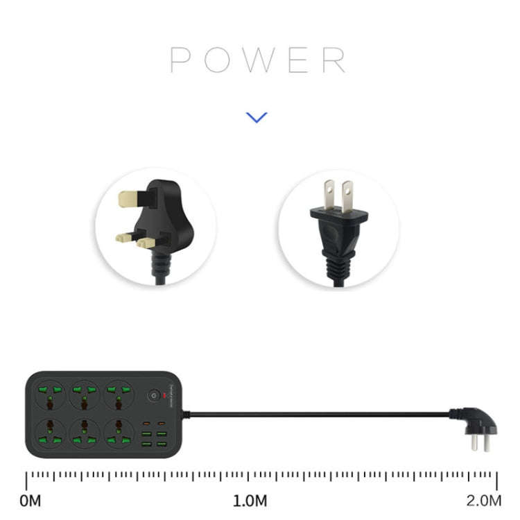 T24 2m 3000W 6 Plugs + PD + 4-USB Ports Multifunctional Flame-Retardant Socket With Switch(UK Plug)