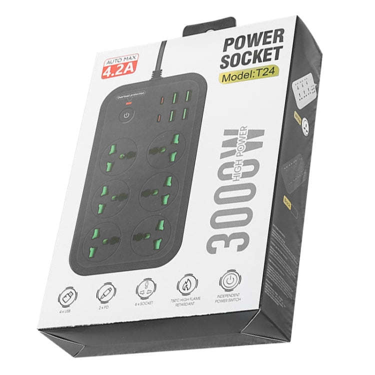 T24 2m 3000W 6 Plugs + PD + 4-USB Ports Multifunctional Flame-Retardant Socket With Switch(UK Plug)