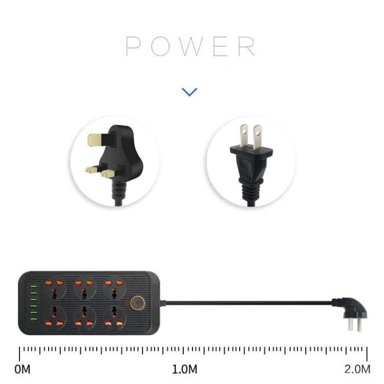 A07 2m 3000W 6 Plugs + 6-USB Ports Multifunctional Flame-retardant Socket with Switch(UK Plug)