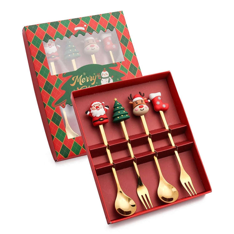 4pcs /Pack Christmas Cartoon Doll Stainless Steel Tableware, Style: A Spoon Fork(Gold+Red Box)