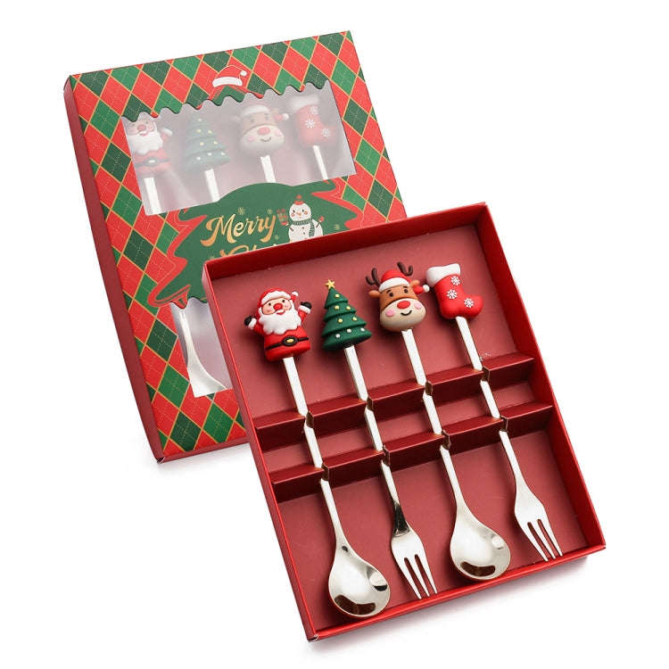 4pcs /Pack Christmas Cartoon Doll Stainless Steel Tableware, Style: A Spoon Fork(Silver+Red Box)