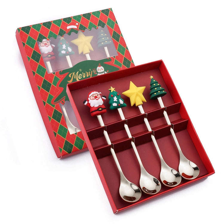 4pcs /Pack Christmas Cartoon Doll Stainless Steel Tableware, Style: D Spoon(Silver+Red Box)