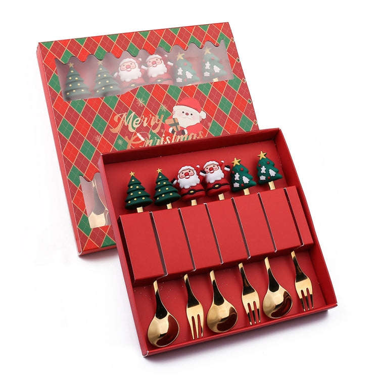 6pcs /Pack Christmas Cartoon Doll Stainless Steel Tableware, Style: A Gold Spoon Fork+Red Box