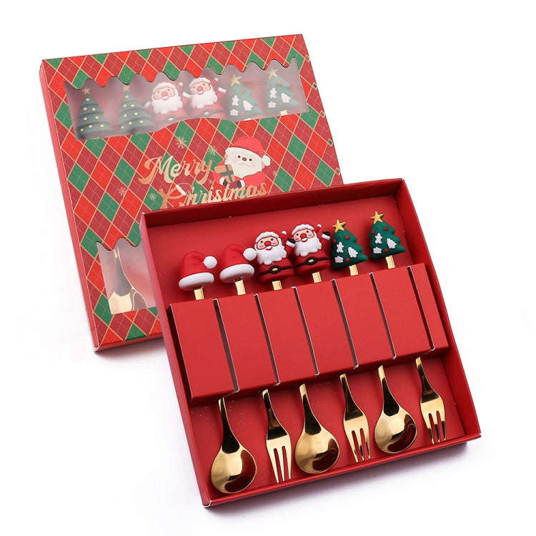 6pcs /Pack Christmas Cartoon Doll Stainless Steel Tableware, Style: B Gold Spoon Fork+Red Box