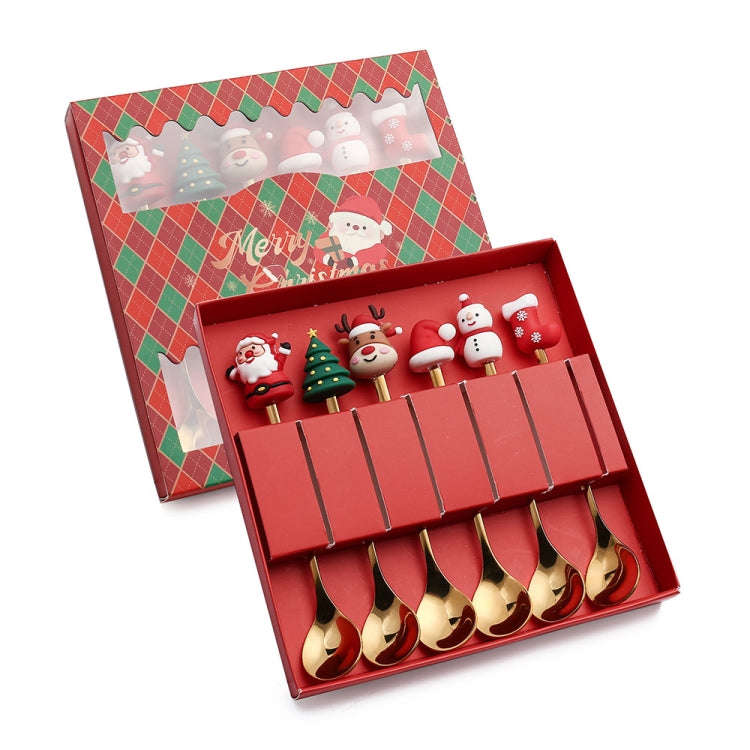 6pcs /Pack Christmas Cartoon Doll Stainless Steel Tableware, Style: D Gold Spoon+Red Box