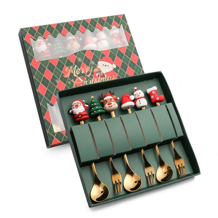 6pcs /Pack Christmas Cartoon Doll Stainless Steel Tableware, Style: D Gold Spoon Fork+Green Box
