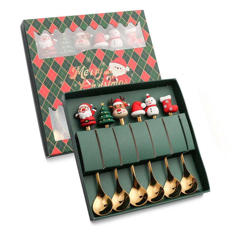 6pcs /Pack Christmas Cartoon Doll Stainless Steel Tableware, Style: D Gold Spoon+Green Box