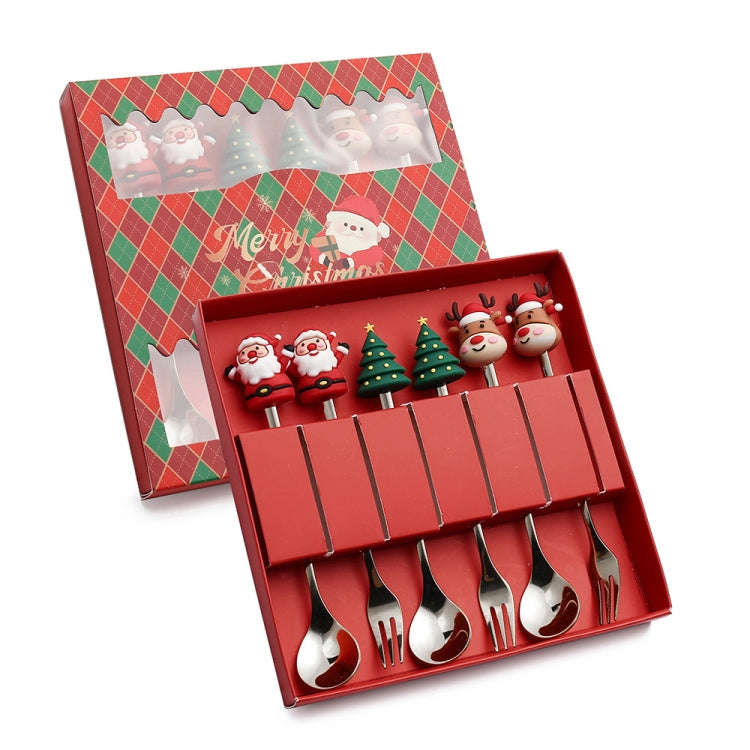 6pcs /Pack Christmas Cartoon Doll Stainless Steel Tableware, Style: C Silver Spoon Fork+Red Box