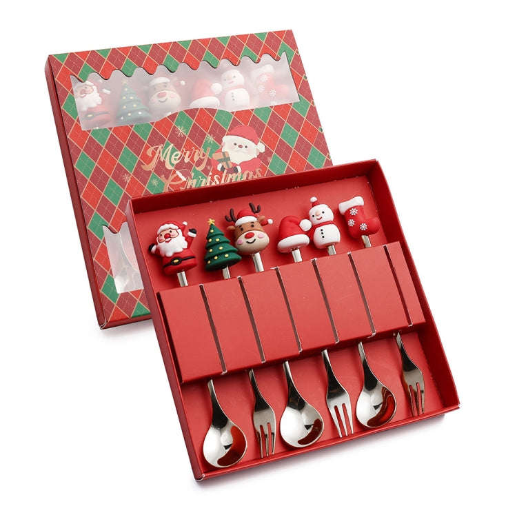 6pcs /Pack Christmas Cartoon Doll Stainless Steel Tableware, Style: D Silver Spoon Fork+Red Box