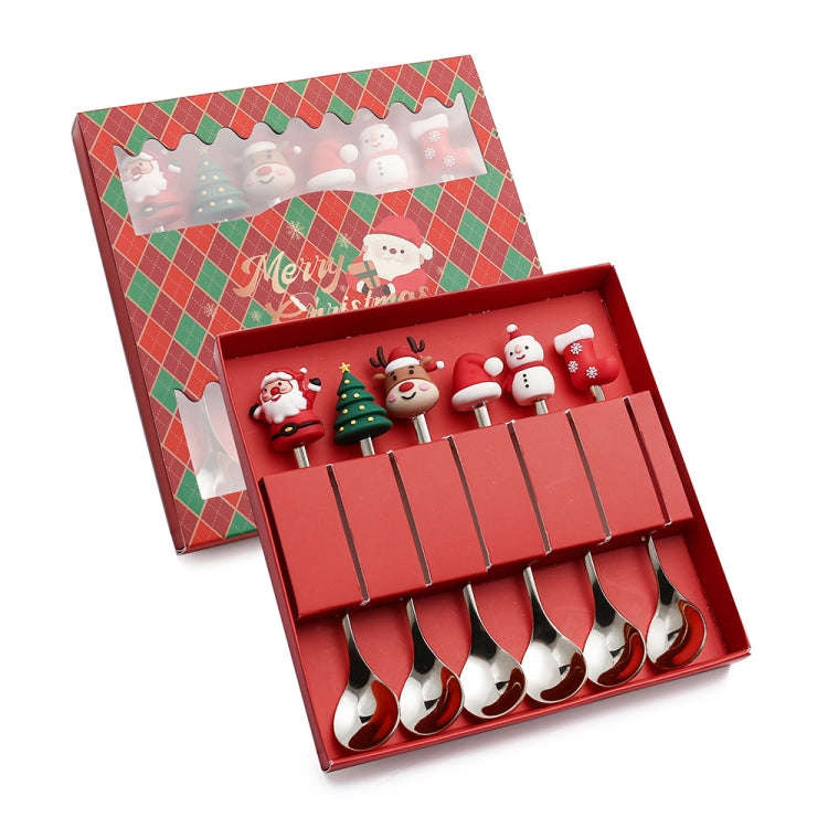 6pcs /Pack Christmas Cartoon Doll Stainless Steel Tableware, Style: D Silver Spoon+Red Box