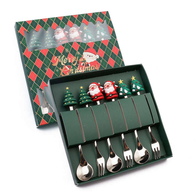 6pcs /Pack Christmas Cartoon Doll Stainless Steel Tableware, Style: A Silver Spoon Fork+Green Box