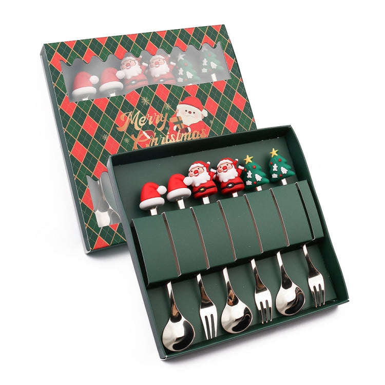 6pcs /Pack Christmas Cartoon Doll Stainless Steel Tableware, Style: B Silver Spoon Fork+Green Box