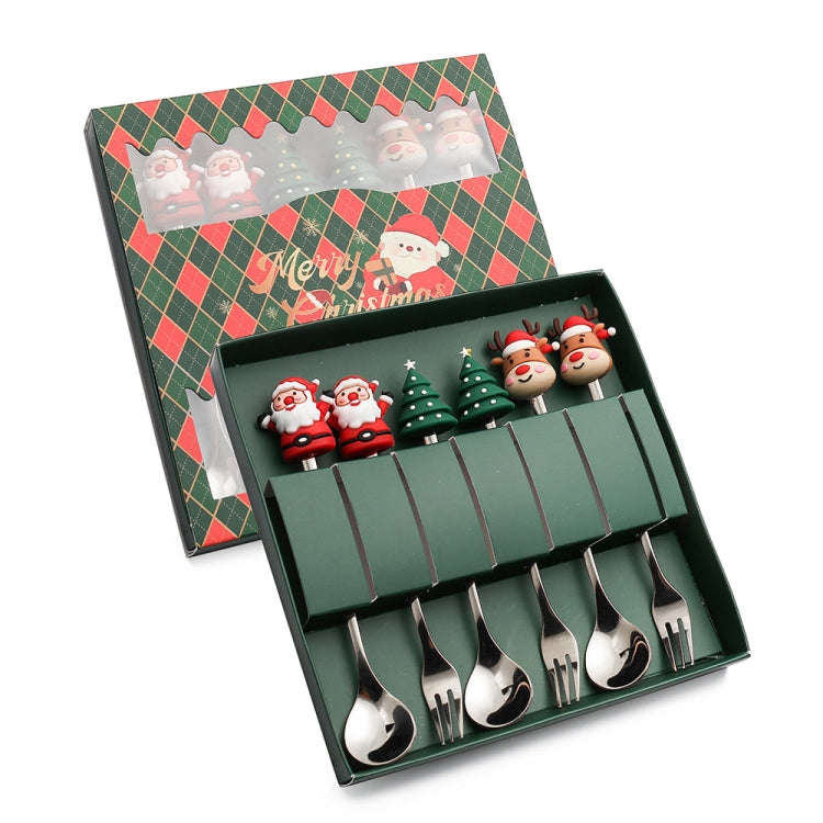 6pcs /Pack Christmas Cartoon Doll Stainless Steel Tableware, Style: C Silver Spoon Fork+Green Box