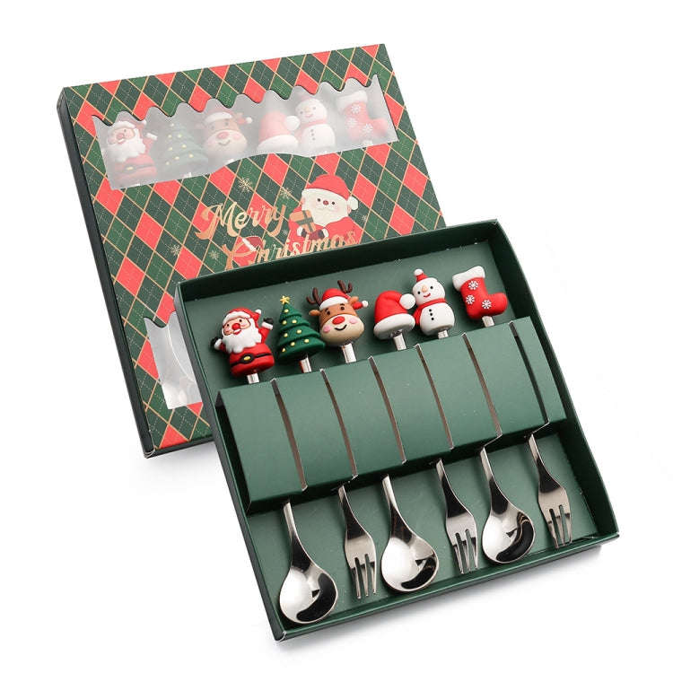 6pcs /Pack Christmas Cartoon Doll Stainless Steel Tableware, Style: D Silver Spoon Fork+Green Box