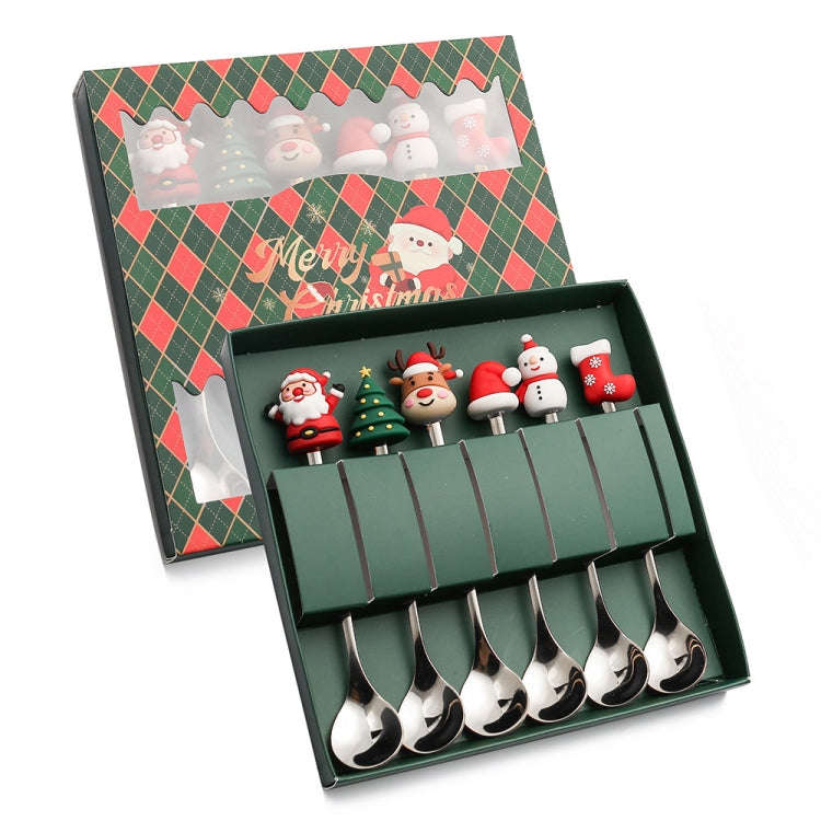 6pcs /Pack Christmas Cartoon Doll Stainless Steel Tableware, Style: D Silver Spoon+Green Box