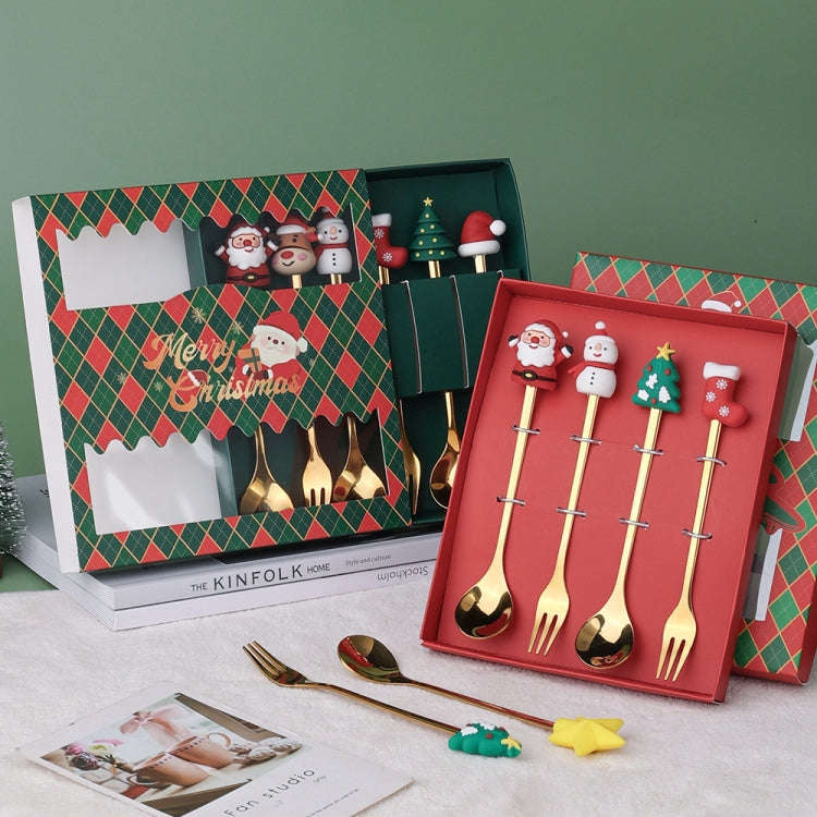 6pcs /Pack Christmas Cartoon Doll Stainless Steel Tableware, Style: B Gold Spoon Fork+Red Box