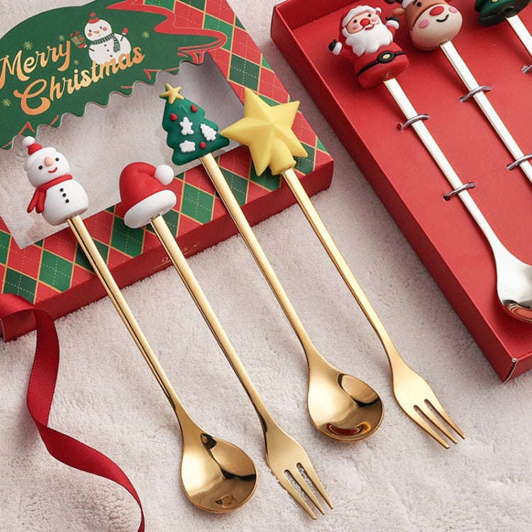 6pcs /Pack Christmas Cartoon Doll Stainless Steel Tableware, Style: A Gold Spoon Fork+Red Box
