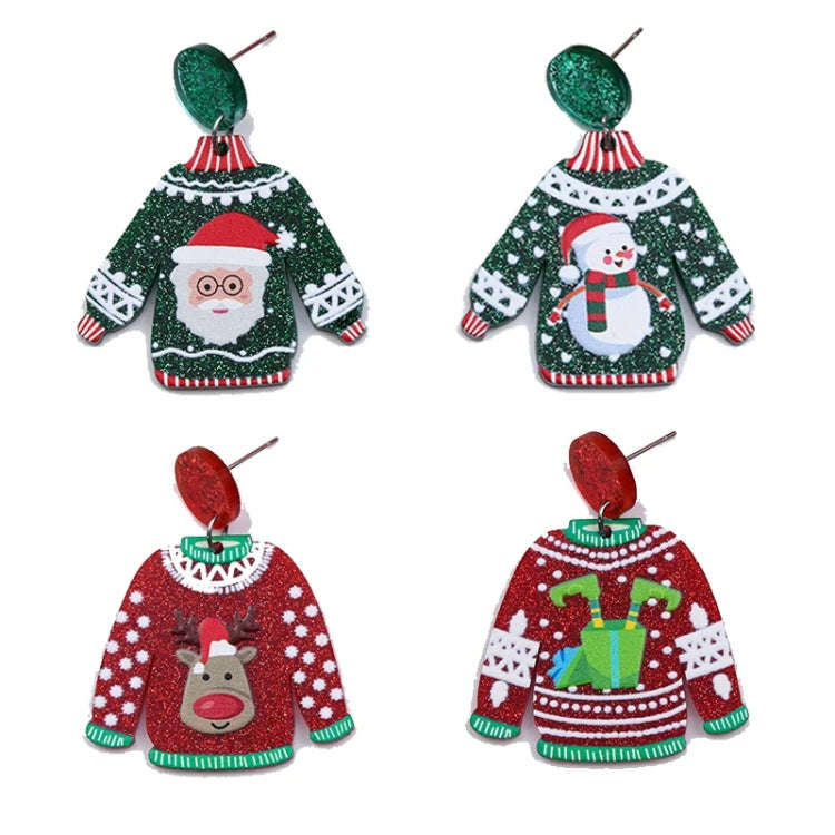 1pair Sweater Christmas Earrings Cute Elk Snowman  Earstuds, Color: Old Man Green