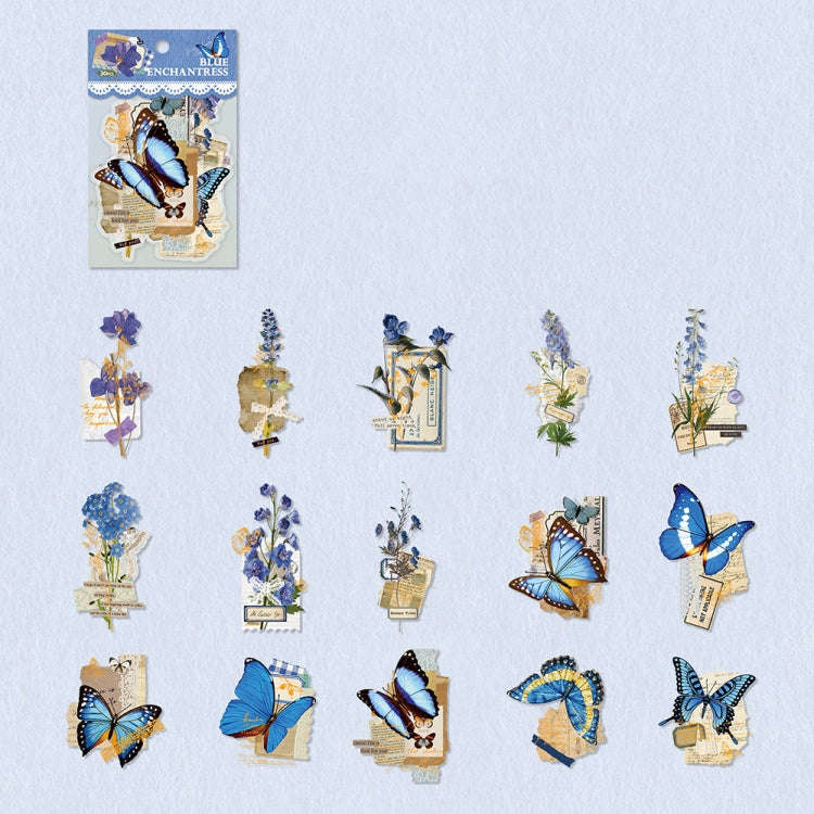 15pcs /Pack PET Butterfly Flower Series Retro DIY Hot Stamping Handbook Stickers, Style: Blue Enc...