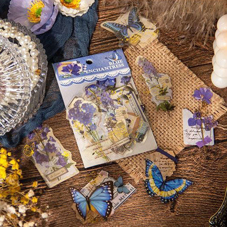 15pcs /Pack PET Butterfly Flower Series Retro DIY Hot Stamping Handbook Stickers, Style: Blue Enc...