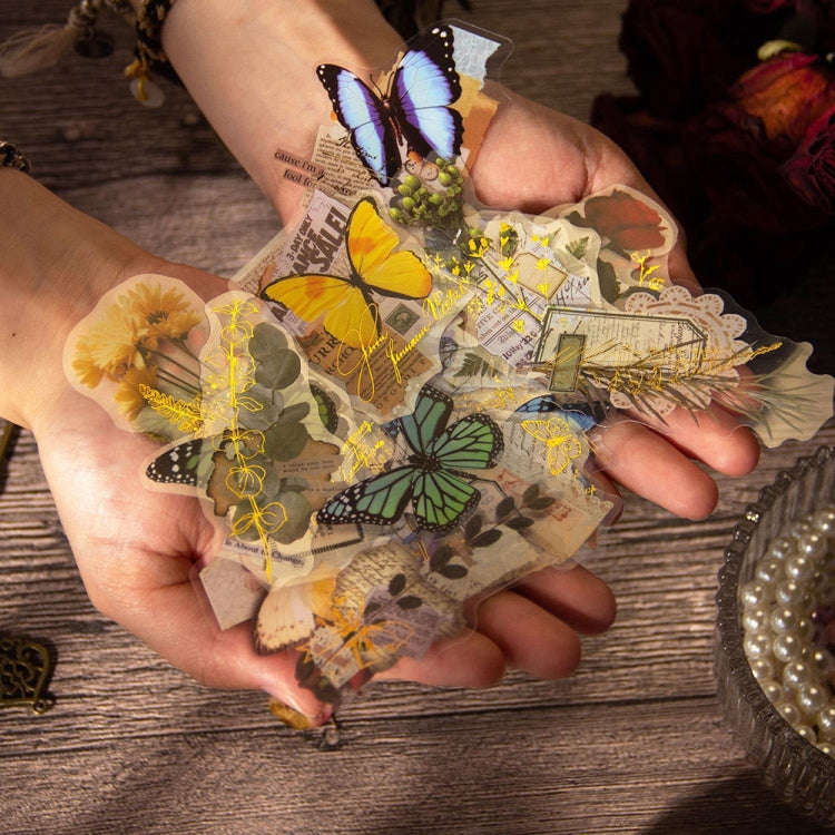 15pcs /Pack PET Butterfly Flower Series Retro DIY Hot Stamping Handbook Stickers, Style: Warm Con...