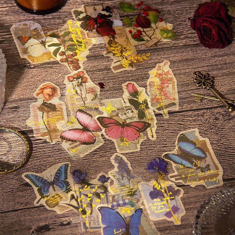 15pcs /Pack PET Butterfly Flower Series Retro DIY Hot Stamping Handbook Stickers, Style: Warm Con...