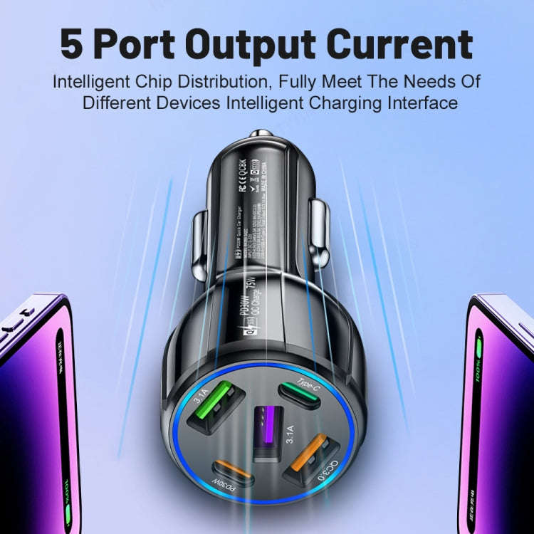 3USB+2PD 75W Dual Line Car Mobile Phone Fast Charging Charger(White)