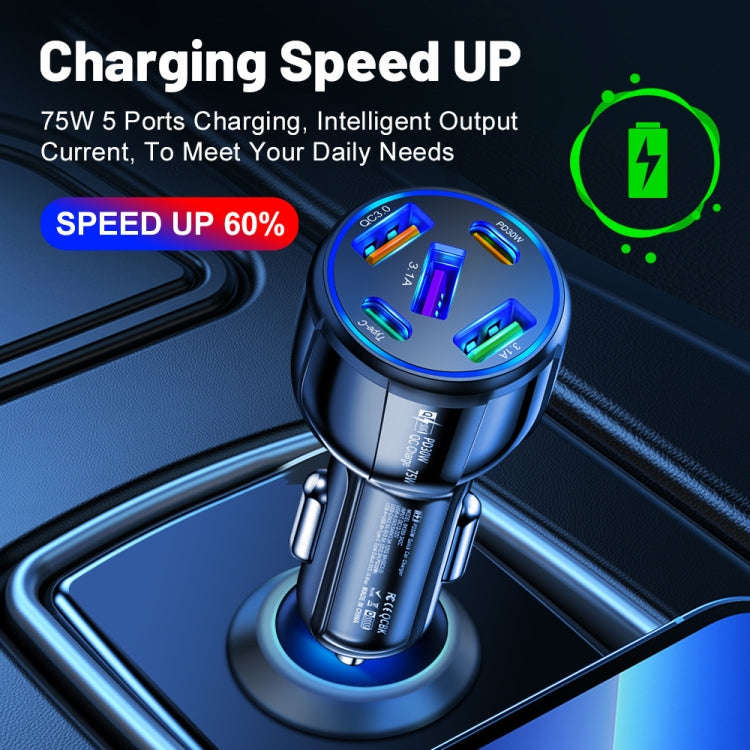 3USB+2PD 75W Dual Line Car Mobile Phone Fast Charging Charger(White)