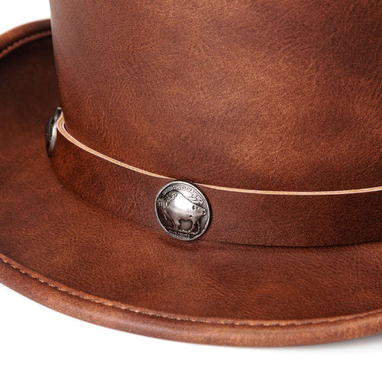 Retro Style PU Leather Round Top Magic Hat Gentleman Party Bow Hat, Size: One Size(Brown)