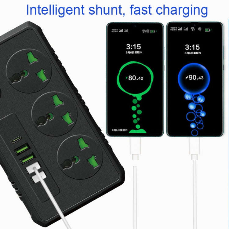 B09 2m 3000W 3 Plugs + PD + 4-USB Ports Multifunctional Flame-Retardant Socket With Switch(US Plug)