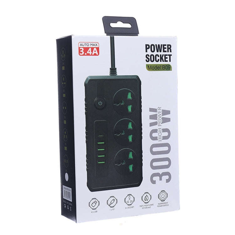 B09 2m 3000W 3 Plugs + PD + 4-USB Ports Multifunctional Flame-Retardant Socket With Switch(US Plug)
