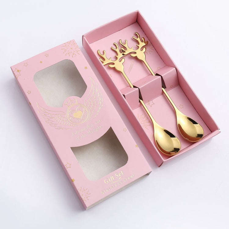 2pcs /Pack Christmas 304 Stainless Steel Deer Stirring Spoon Coffee Dessert Scoop, Color: Gold+Pi...
