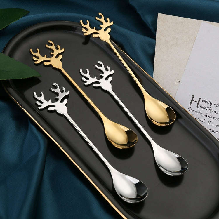 2pcs /Pack Christmas 304 Stainless Steel Deer Stirring Spoon Coffee Dessert Scoop, Color: Gold+Bl...