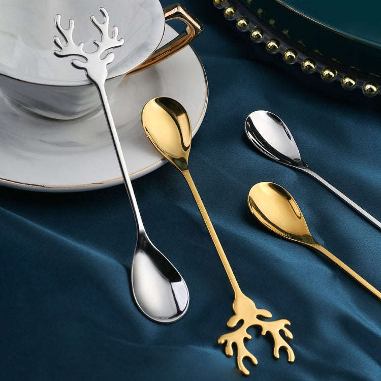 2pcs /Pack Christmas 304 Stainless Steel Deer Stirring Spoon Coffee Dessert Scoop, Color: Gold+Bl...