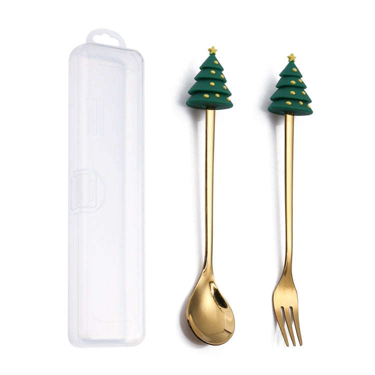 2pcs /Pack Christmas Dessert Fork And Spoon Set Portable Cute Cartoon Tableware, Style: Christmas...