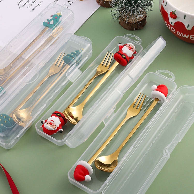 2pcs /Pack Christmas Dessert Fork And Spoon Set Portable Cute Cartoon Tableware, Style: Christmas...