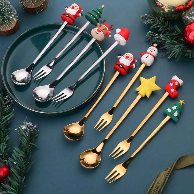 2pcs /Pack Christmas Dessert Fork And Spoon Set Portable Cute Cartoon Tableware, Style: Santa Cla...