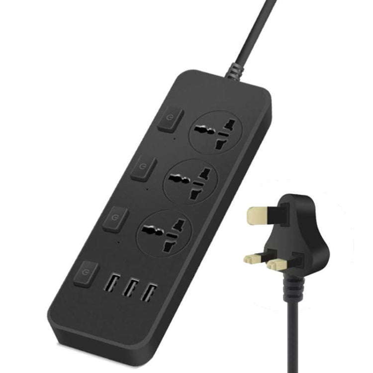 T14 2m 2500W 3 Plugs + 3-USB Ports Multifunctional Socket With Switch, Specification: UK Plug (Bl...