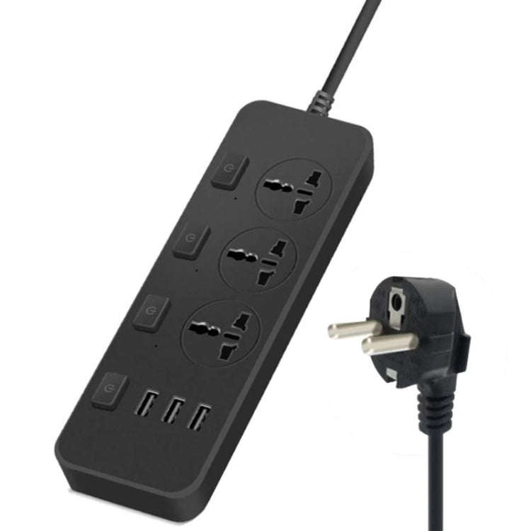 T14 2m 2500W 3 Plugs + 3-USB Ports Multifunctional Socket With Switch, Specification: EU Plug (Bl...