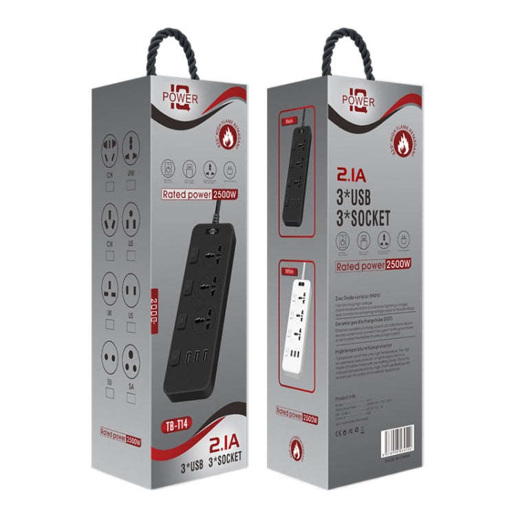 T14 2m 2500W 3 Plugs + 3-USB Ports Multifunctional Socket With Switch, Specification: EU Plug (Wh...