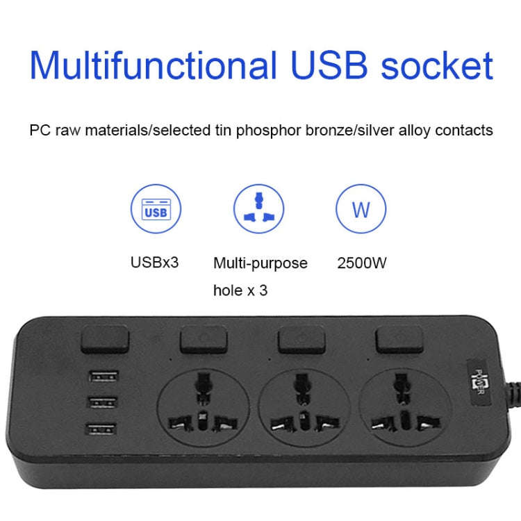 T14 2m 2500W 3 Plugs + 3-USB Ports Multifunctional Socket With Switch, Specification: EU Plug (Wh...